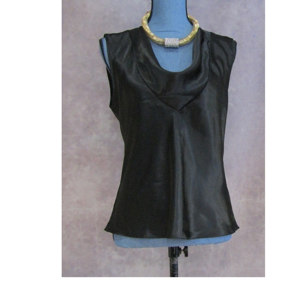 NEW Susan Lucci Black Satin Drape Front Blouse M